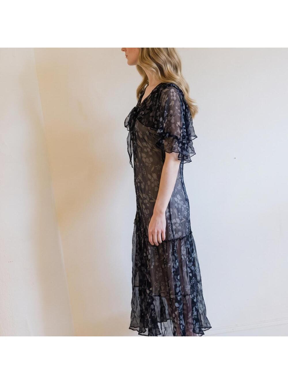 Antique 1920s Navy floral Sheer Silk Dress